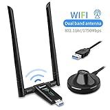 USB WiFi Adapter for PC, Techkey 1750Mbps Dual Band 2.4GHz/450Mbps 5GHz/1300Mbps High Gain 5dBi Antennas USB 3.0 Wireless Network Adapter for Desktop Laptop with Windows 10/8/7/XP/Vista, Mac OS