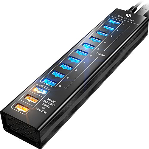 SmartDelux Powered USB Hub - 13-Port USB 3.0 Hub with 10 USB 3.0 Ports, 3 Smart Charging Ports, Power Adapter, Long Cord, LEDs - Black Aluminum