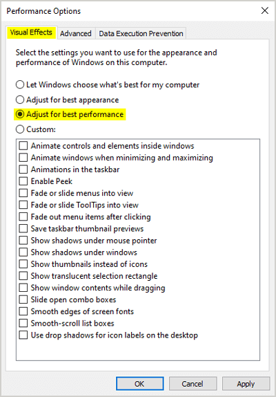 Adjust for best performance Windows