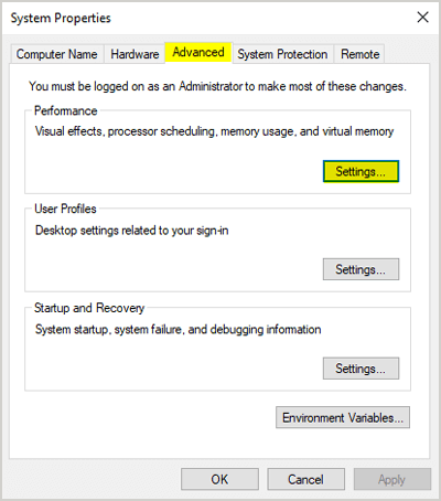 Advanced system settings Performance