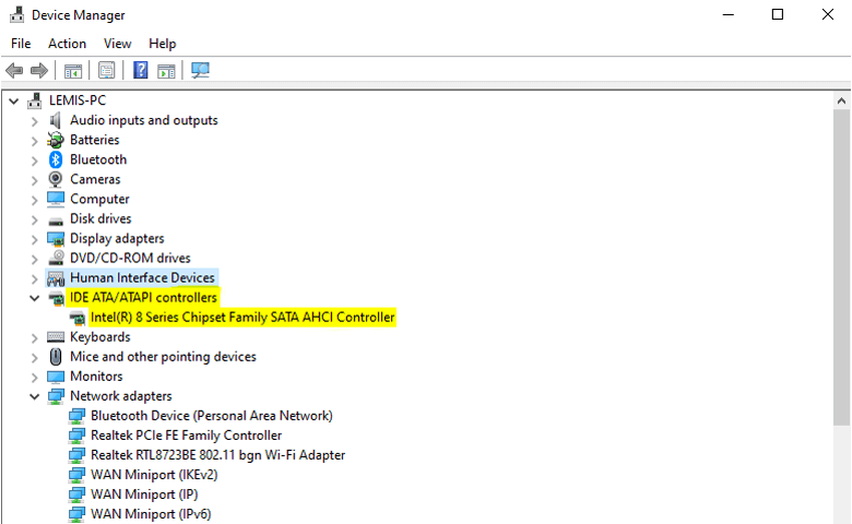 Device manager IDE ATA ATAPI controllers