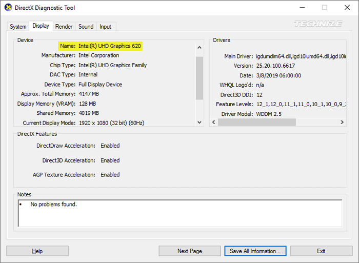 DirectX Diagnostic Tool display info