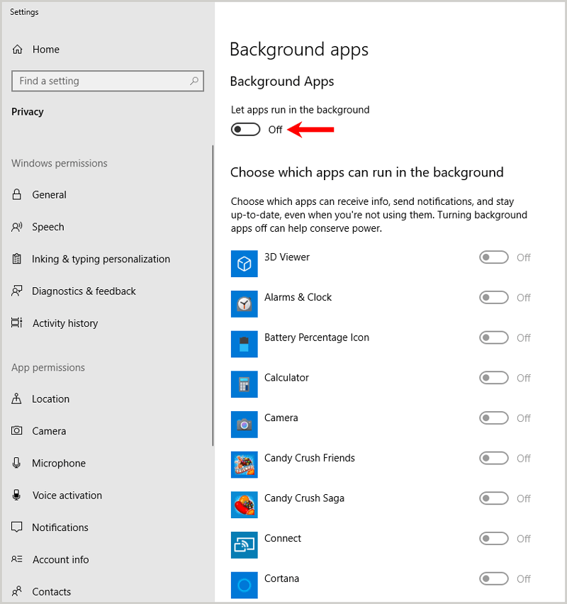 Disbale background apps Windows