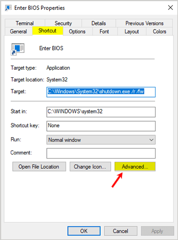 Enter BIOS shortcut properties