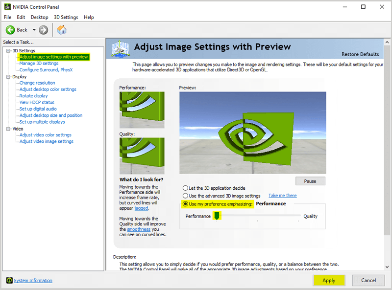 Nvidia settings Use my preference emphasizing