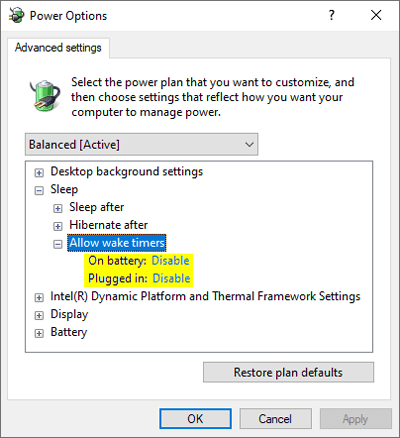 Power Options Allow Wake Timers