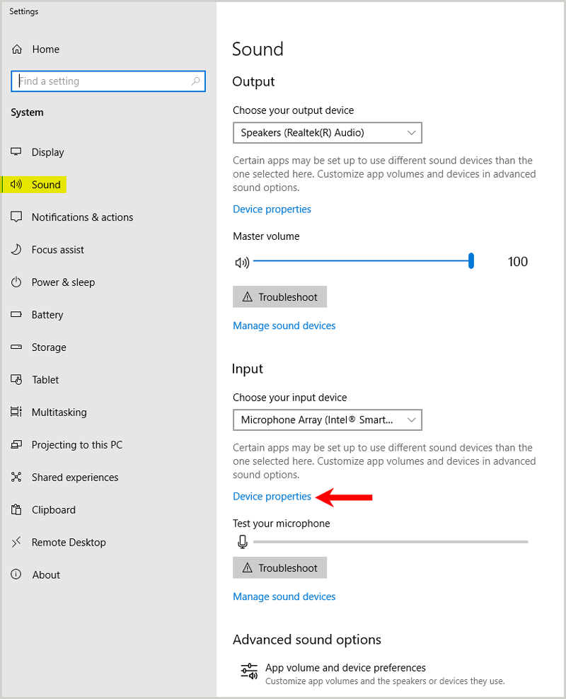 Sound device properties windows 10