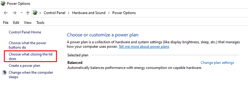 Windows 10 choose what closing the lid does